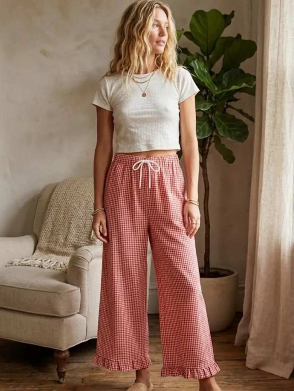 Gingham Wide-Leg Drawstring Pants in Red